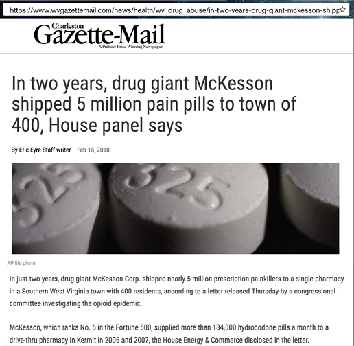 Photo of Charleston Gazette-Mail headline: In two years, drug giant McKesson shipped 5 million pain pills to town of town of 400, House panel says