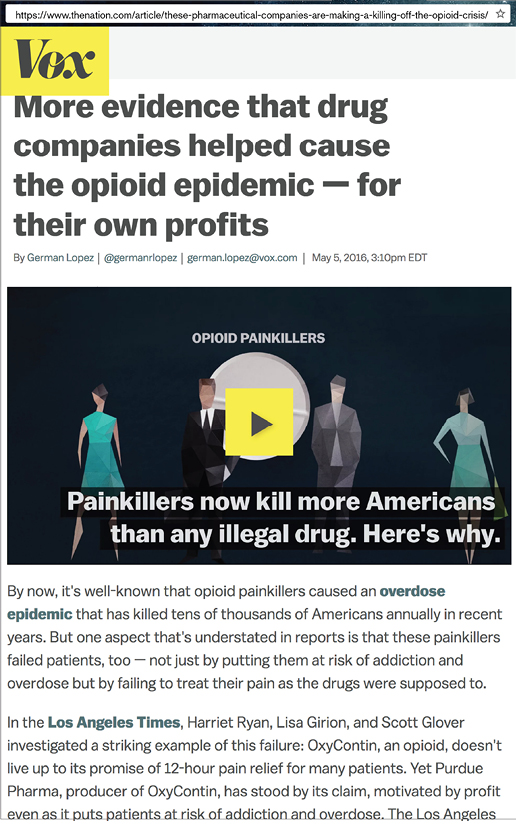 Photo of Vox article: More evidence that drug companies helped cause the opioid epidemic - for their own profits