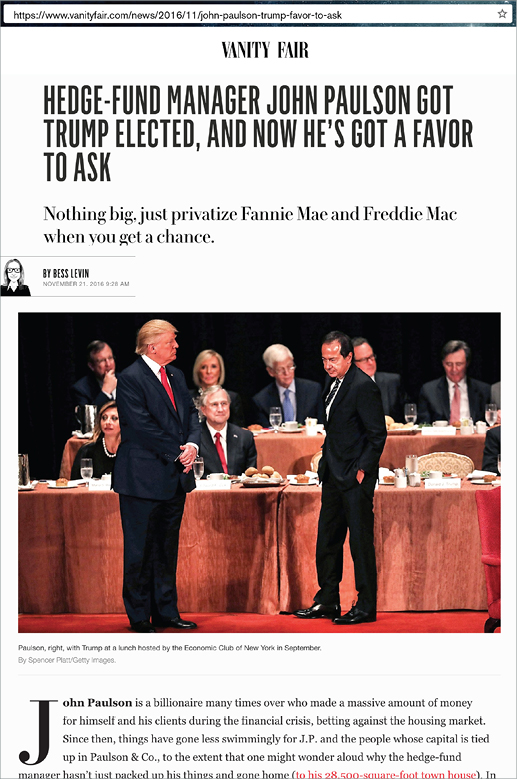 Photo of Vanity Fair headline: Hedge Fund Manager John Paulson Got Trump Elected, and Now He's Got a Favor to Ask